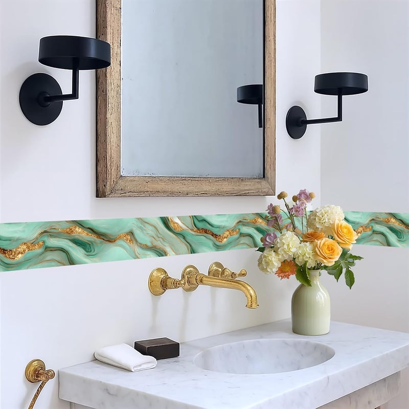 IOHEFY Teal Marble Wallpaper Border 196x4 Inch Gold Edge Peel and Stick Wall Border Removable Marble Wall Trim Vinyl Self Adhesive Wallpaper for Bathroom Kitchen Bedroom Decor - Image 5